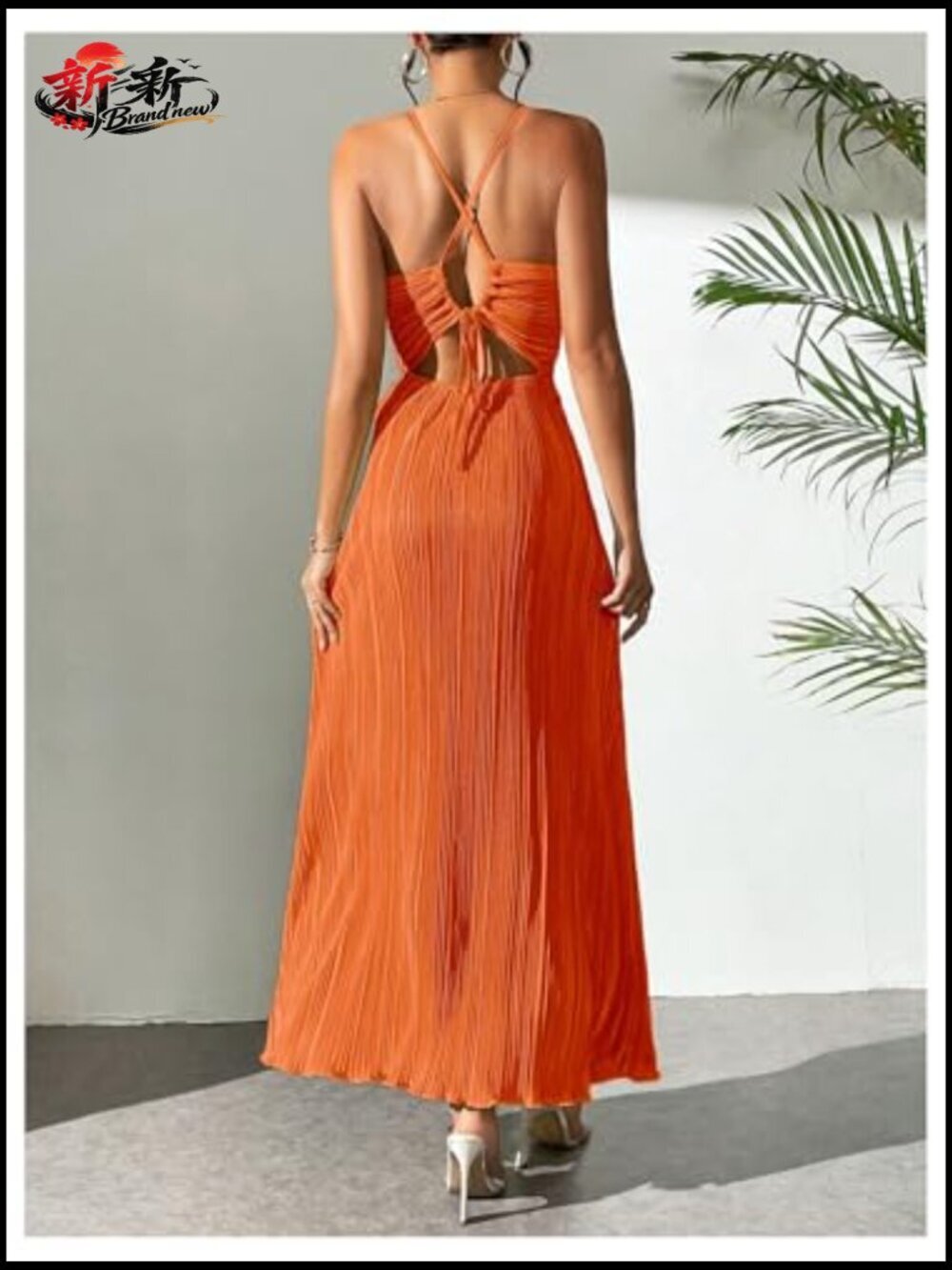 Textured V Neck Sundress Tie Back Spaghetti Strap Pleated A Line Beach Long - Picture 2 of 6